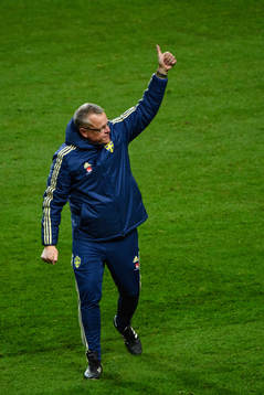 Head coach Janne Andersson of Sweden celebrates