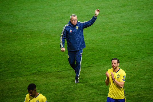 Head coach Janne Andersson of Sweden celebrates