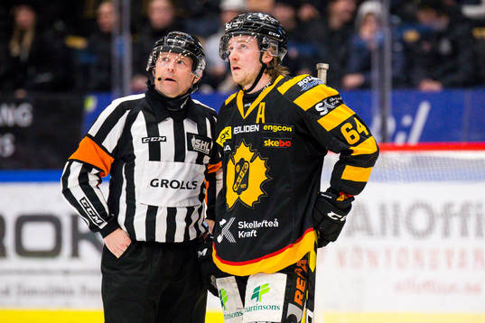 Skellefteås Jonathan Pudas pratar med domare Wolmer Edqvist