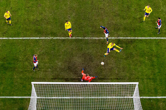 Joshua King of Norway scores 2-0 behind goalkeeper Robin