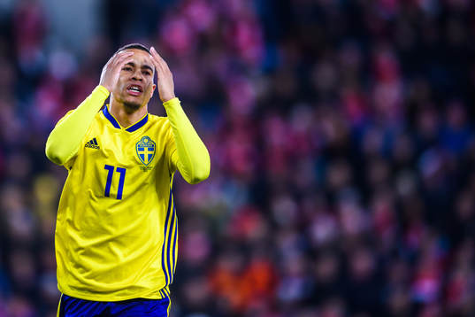 Robin Quaison of Sweden looks dejected