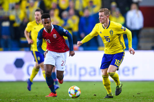 Kristoffer Ajer of Norway and Emil Krafth of Sweden