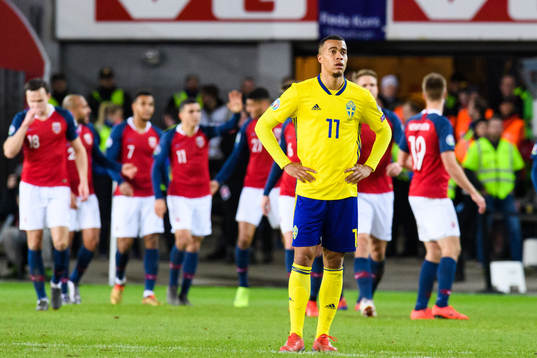 Robin Quaison of Sweden looks dejected