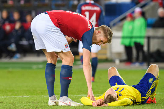 Kristoffer Ajer of Norway and Viktor Claesson of Sweden