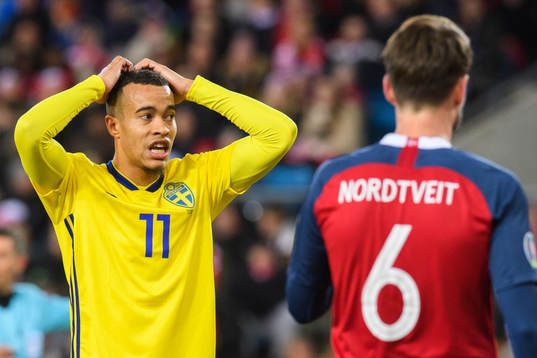 Robin Quaison of Sweden looks dejected