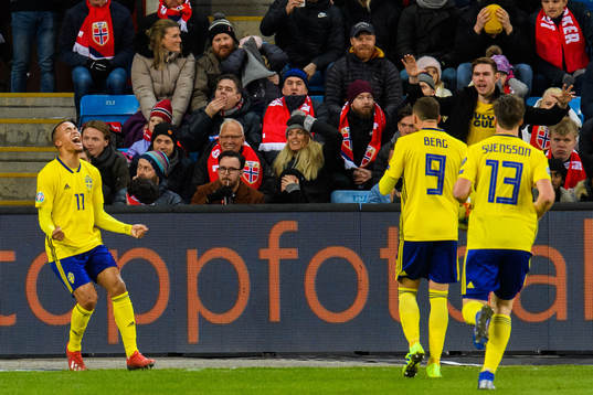 Robin Quaison of Sweden celebrates