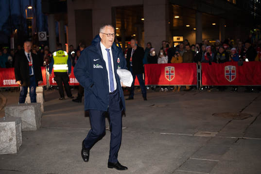 Lars Lagerbäck, head coach of Norway, arrives to the arena