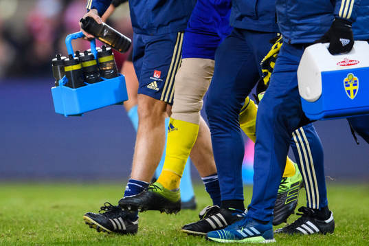 Albin Ekdal of Sweden leaves the pitch with an injury