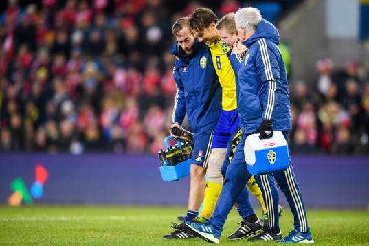 Albin Ekdal of Sweden leaves the pitch with an injury