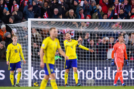 Emil Krafth, Andreas Granqvist and goalkeeper Robin Olsen