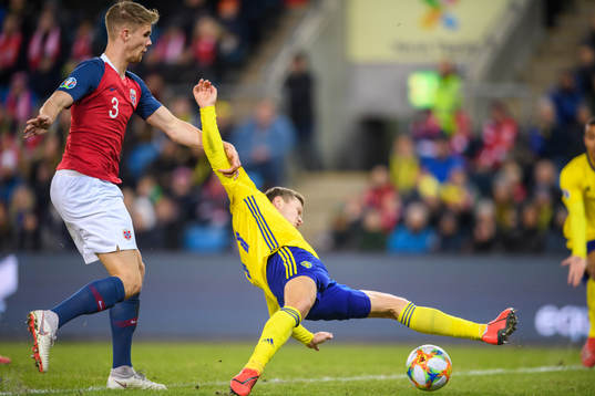 Kristoffer Ajer of Norway and Viktor Claesson of Sweden