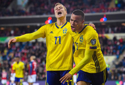 Robin Quaison of Sweden celebrates with Viktor Claesson