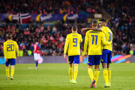 Robin Quaison and Alexander Isak of Sweden