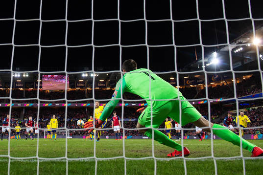 Andreas Granqvist of Sweden shoots a penalty shot against