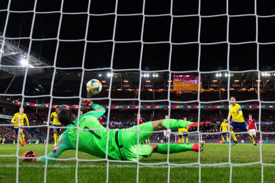 Goalkeeper Rune Almenning Jarstein of Norway saves a
