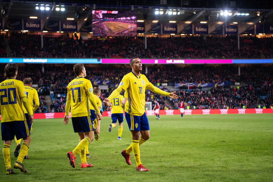 Robin Quaison of Sweden celebrates