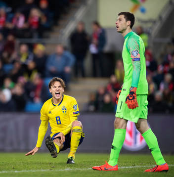 Albin Ekdal of Sweden yells at goalkeeper Rune Almenning