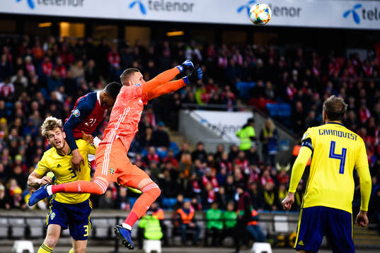 Goalkeeper Robin Olsen and Filip Helander of Sweden against