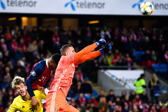 Goalkeeper Robin Olsen and Filip Helander of Sweden against
