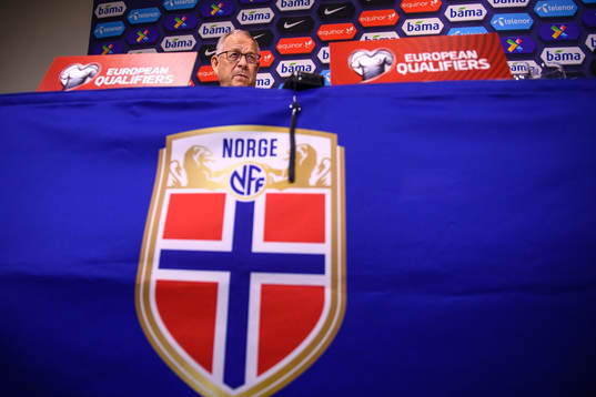 Lars Lagerbäck, head coach of Norway, at a press conference