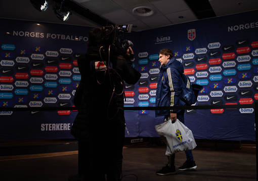 Albin Ekdal of Sweden talks to the media