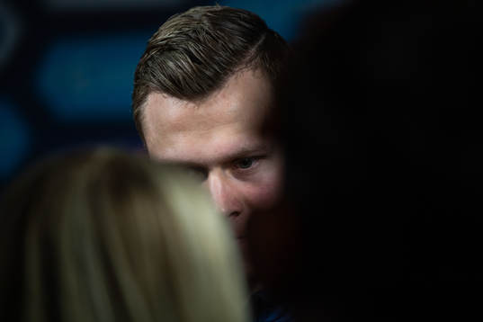 Viktor Claesson of Sweden talks to the media
