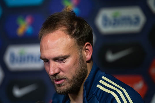 Andreas Granqvist of Sweden talks to the media