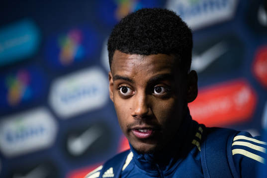 Alexander Isak of Sweden talks to the media