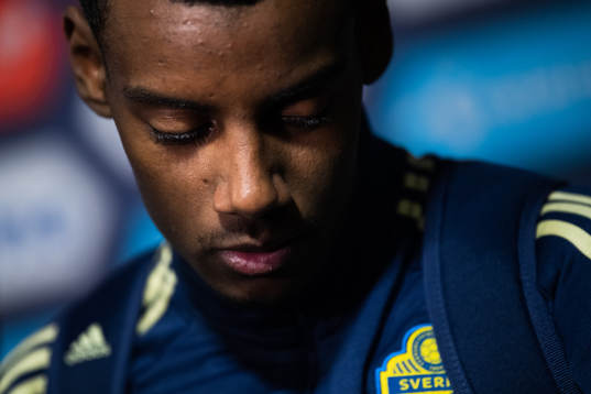 Alexander Isak of Sweden talks to the media