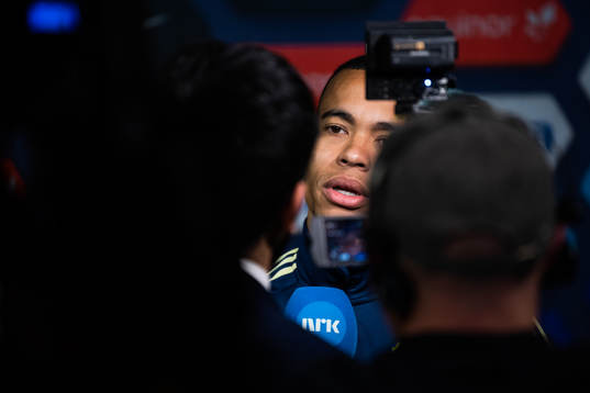 Robin Quaison of Sweden talks to the media