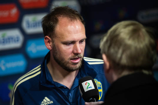 Andreas Granqvist of Sweden talks to the media