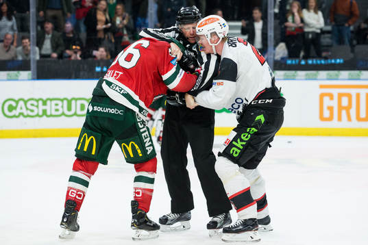 Linjedomare Henrik Pihlblad försöker sära på Frölundas