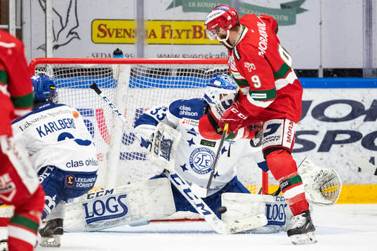 Leksands målvakt Axel Brage och Moras Andrew Rowe