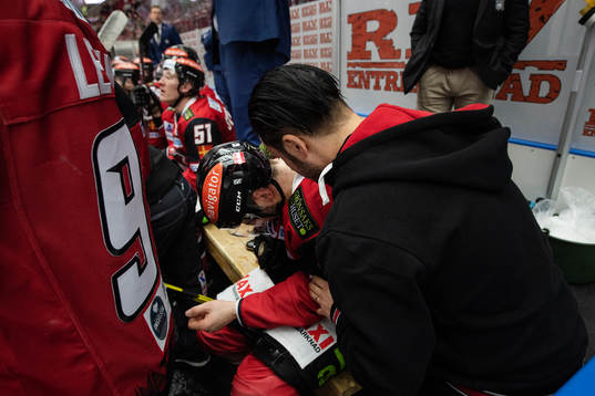 Malmö Redhawks Konstantin Komarek sitter skadad i båset
