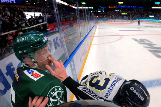 Linjedomare Andreas Malmqvist och Färjestads Gustav Rydahl