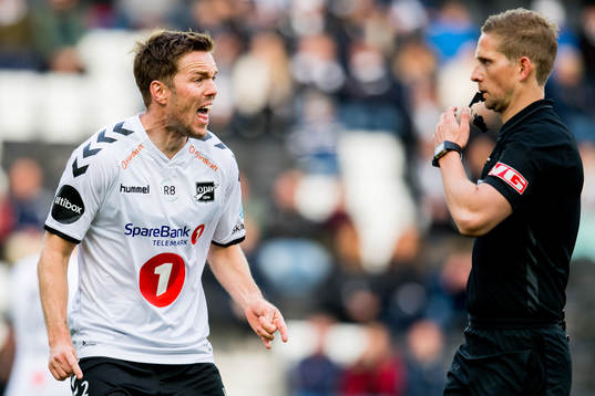 Espen Ruud of Odd argues with referee Espen Andreas Eskås