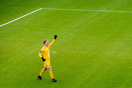 Goalkeeper Sondre Rossbach of Odd celebrates the 2-1 goal
