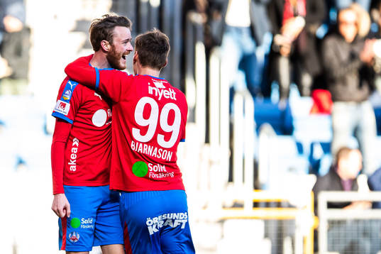 Helsingborgs Rasmus Jönsson och Andri Bjarnason jublar