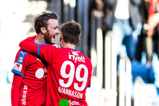 Helsingborgs Rasmus Jönsson och Andri Bjarnason jublar