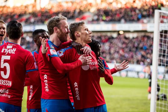 Helsingborgs Rasmus Jönsson och Andri Bjarnason jublar