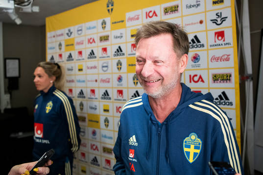 Sweden's head coach Peter Gerhardsson speaks to the media