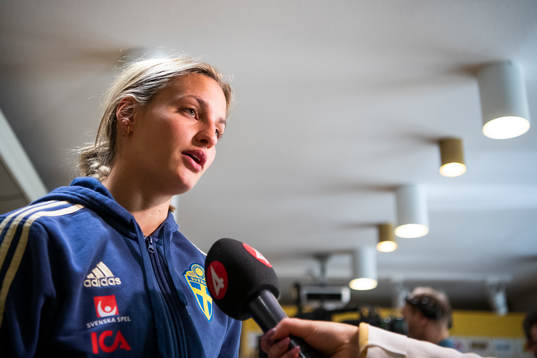 Sweden's Nathalie Björn speaks to the media