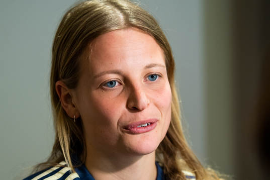 Sweden's Anna Anvegård speaks to the media