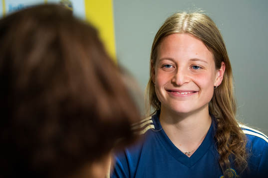 Sweden's Anna Anvegård speaks to the media