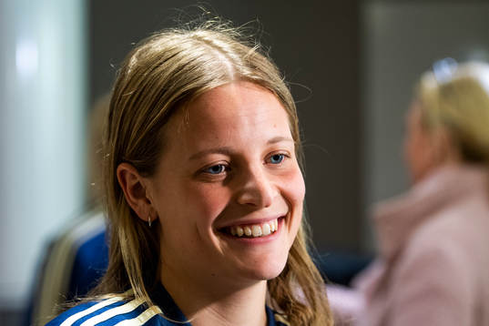 Sweden's Anna Anvegård speaks to the media