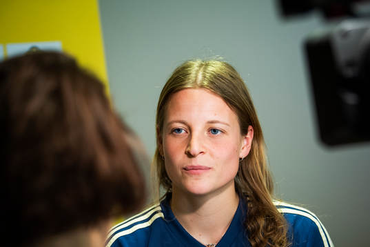 Sweden's Anna Anvegård speaks to the media