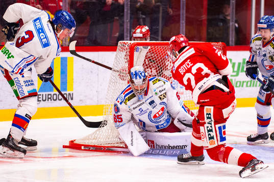 Oskarshamns målvakt Christoffer Rifalk och Timrås Jeremy