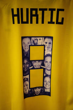 A jersey of Lina Hurtig is seen in team Sweden's locker room