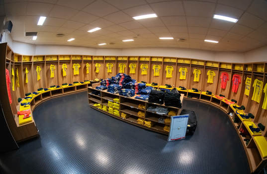Jerseys of players in team Sweden are seen in their locker