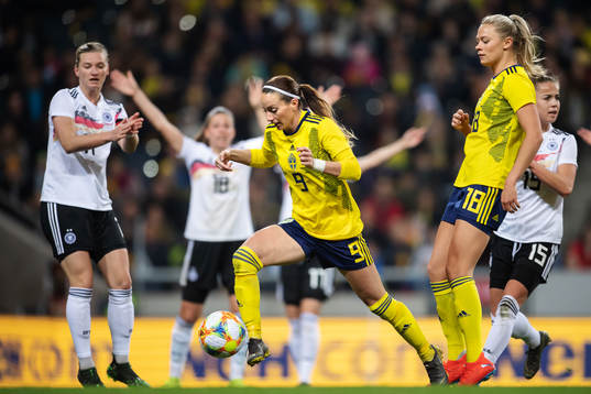 Kosovare Asllani and Fridolina Rolfö of Sweden